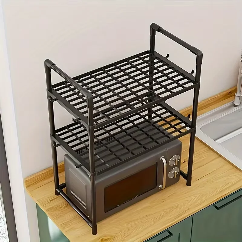 New Year: Heavy-Duty Adjustable/Stackable/Foldable Telescopic Upright Storage Rack/Microwave Stand - Multiple Models Available, Sturdy Metal Countertop Rack with Upper and Lower Shelves, Space-Saving Microwave Top Shelf and Small Appliance Storage/Spice Bottle Kitchen Utensil Rack, Hooks - Easy-To-Assemble Kitchen Organizer