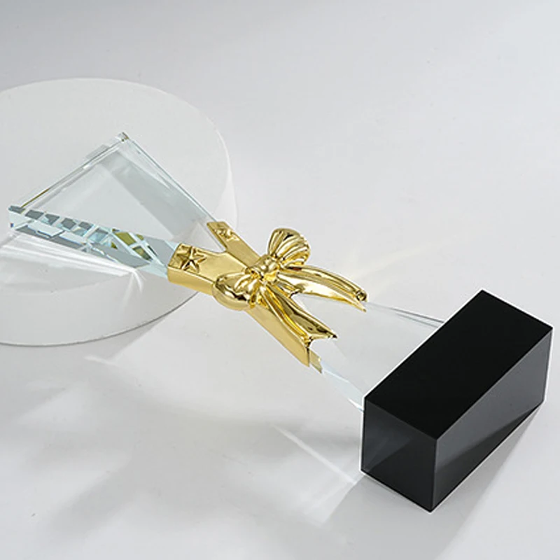 Customized High-end Bow shape Crystal Trophy, Creative Metal Insert, Annual Meeting Awards, Free Engraving, Home Decoration, 1Pc