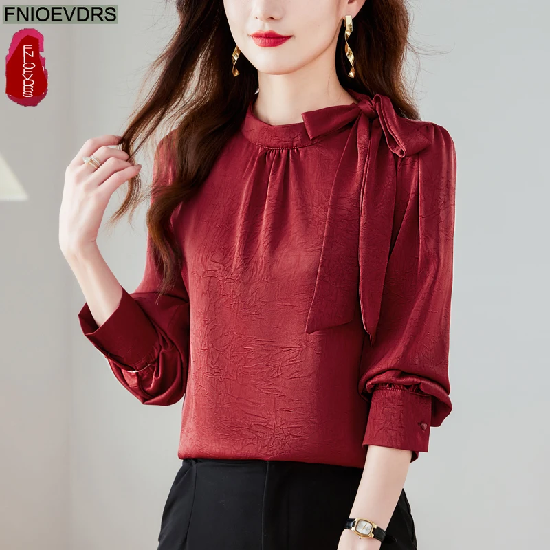 

Bow Tie Tops Women Korean Style Design New Year Christmas Red Elegant Office Lady Cute Ribbon Sweet Basic Shirts Blouses