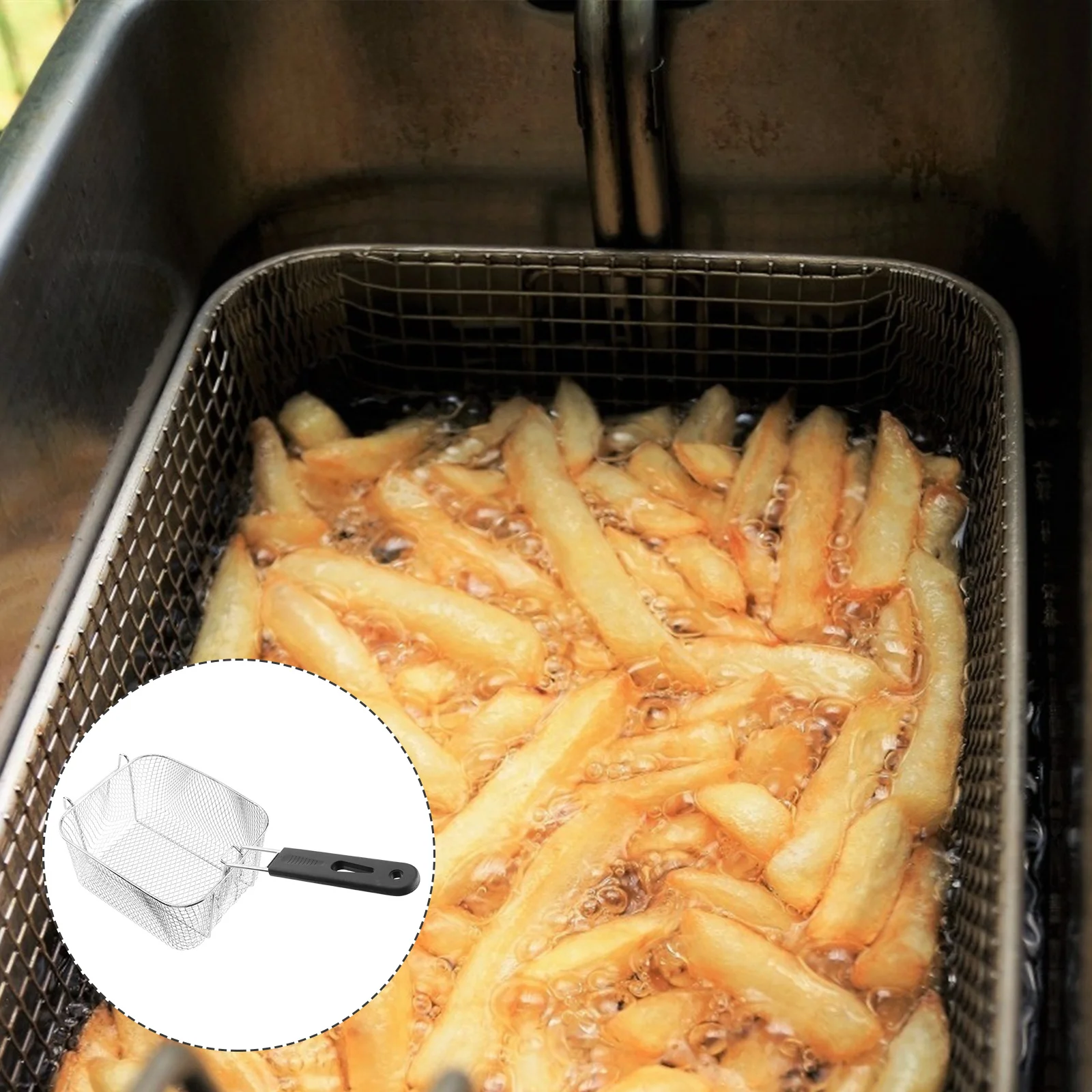 

Корзина для жарки из нержавеющей стали, сетчатый фильтр с длинной ручкой, инструмент для жарки и приготовления пищи, серебристый, большая вместимость, легко чистится