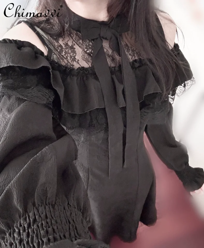 

Original Japanese Sweet Lace Patchwork Off-Shoulder Long Sleeve Dress Cute Bow Girl Lolita Slim-fit Elegant Long Y2k Dresses