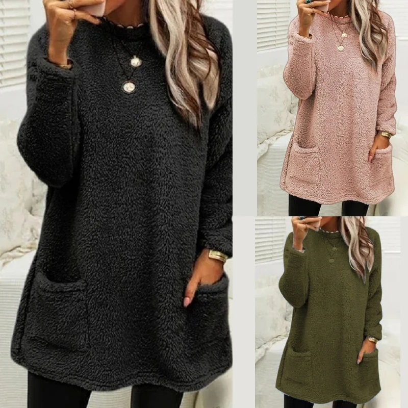 95AB Felpa Girocollo Oversize da Donna Casual Sherpa Pullover Top Maglione Caldo Camicie a Maniche Lunghe Allentate Tuniche