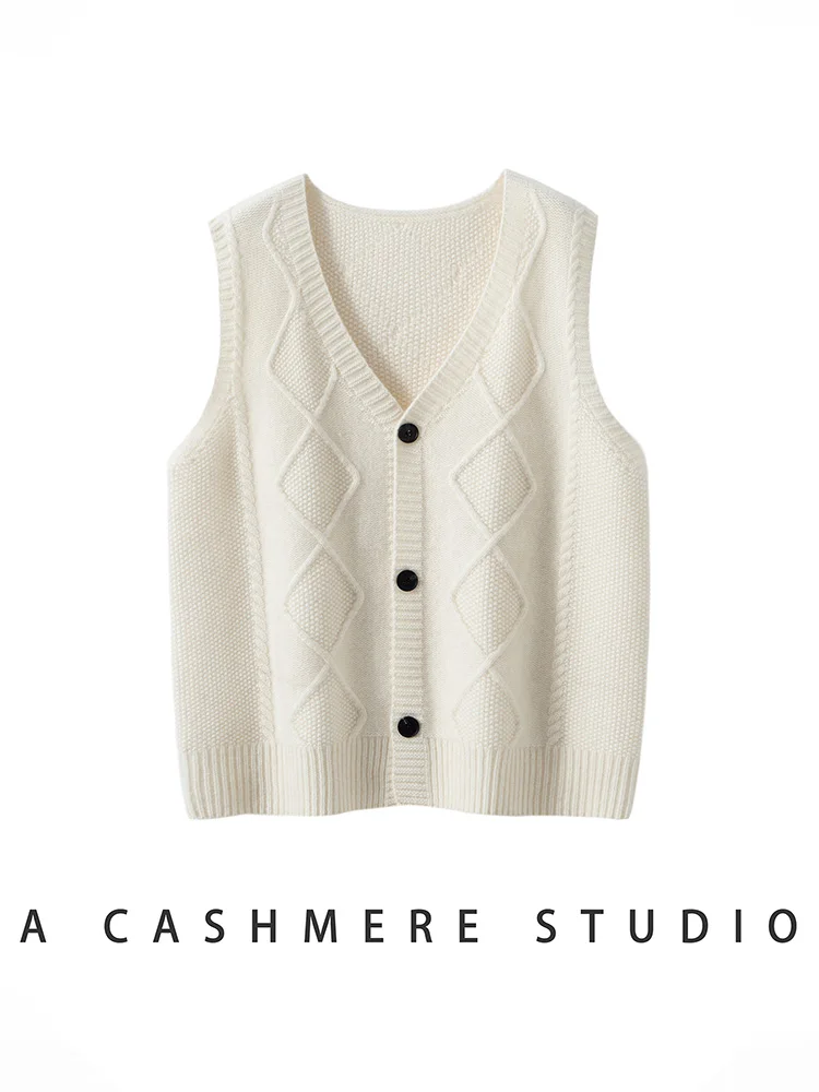 

TLOML Women's 100% Cashmere Waistcoat Autumn Winter Cabled Multicolor Cashmere Sweater Thick Warm Soft Sleeveless Cardigan Tops