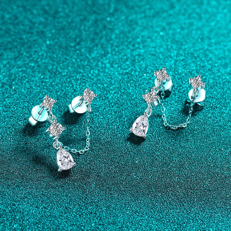 NeeTim Full Moissanite Stud Chain Earrings for Women Sparkling Engagement Earring 925 Sterling Silver Women's Earrings Jewelry