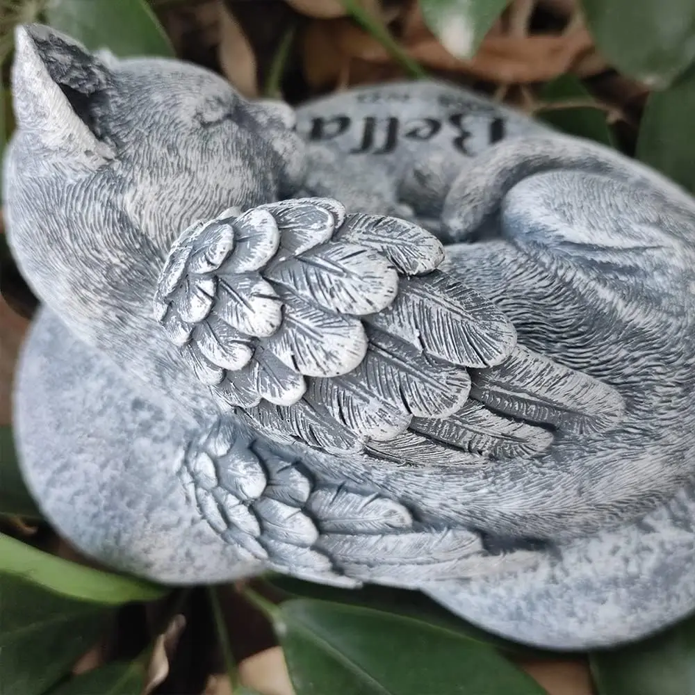 Angel Cat Memorial Garden Statue Stones Grave Markers with a Cat Sleeps on The Heart-Shaped Stone - Cat Garden Stones Cat Statue