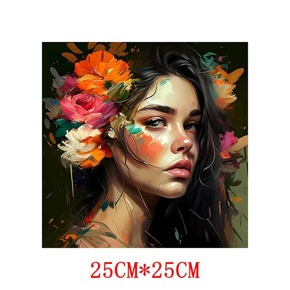 26CM New Creative Art Photos Patches Painting FLower Lady Heat Transfer Vinyl Stickers Thermal For Clothing DIY T-shirt Applique