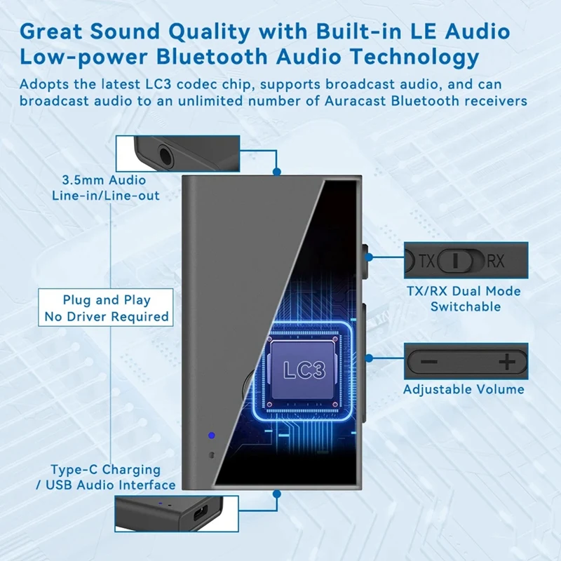 Bluetooth 5.3 LE Audio Transmitter Receiver LC3 Low Latency For PC/MAC/Phone/Ps5/30M Transmission Distance Of Smart TV