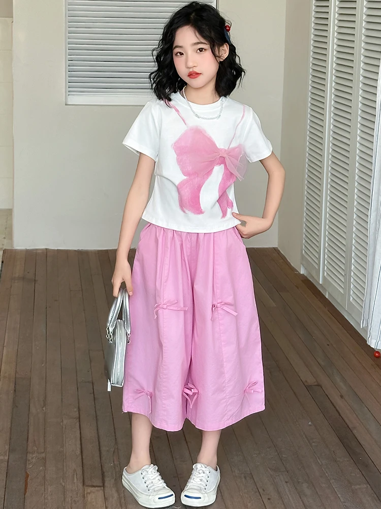 

Girls Summer ort Sve Faionable Casual Cotton Two-Piece Set Knot T-irt And Seven-Quarter Pants for Kids