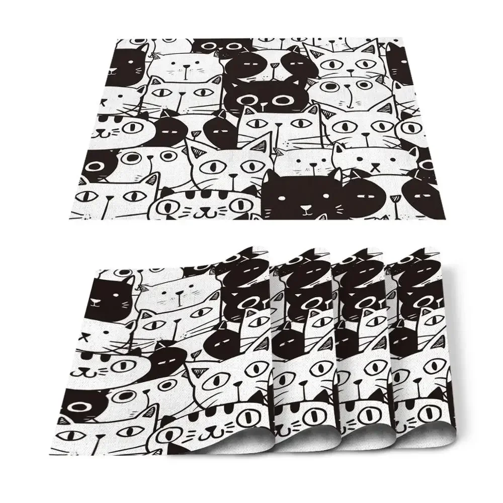 Tischsets mit Tiermotiv, niedliche schwarze und weiße Katze, Haustierkunst, Esstischläufer, Tischset in Küchenzubehör, Barmatte, Untersetzer