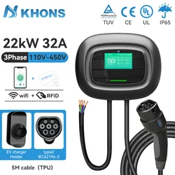 Khons Type2 EV Wallbox 32A Electric Car Charger 22kw 3Phase Electric Vehicle Charging Station IP65 EVSE 5M Cable For BYD Tesla