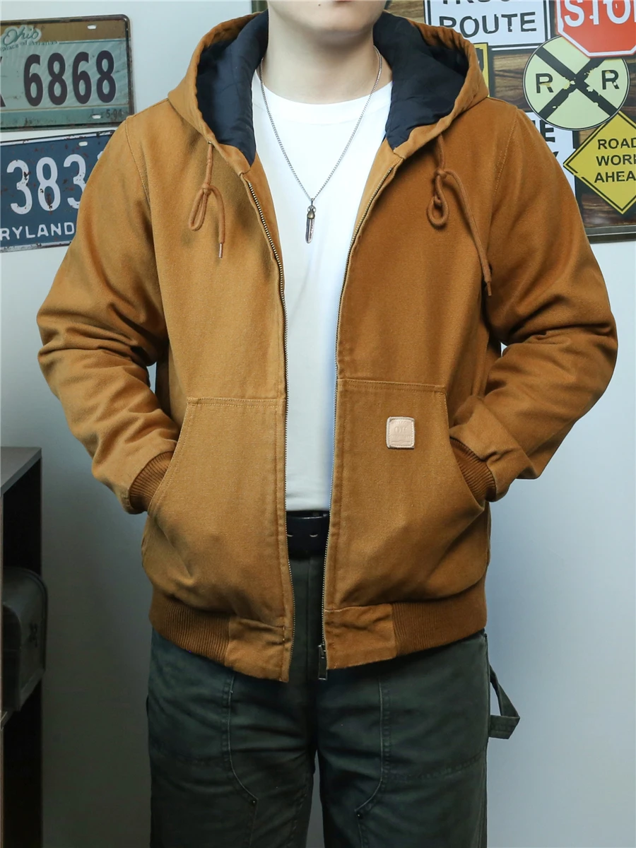 

American Sle Thiened Canvas Jaet Cotton Coat Winter Warm Workwear Hoodie Men's Trendy Long Sve Zipper Closure ...