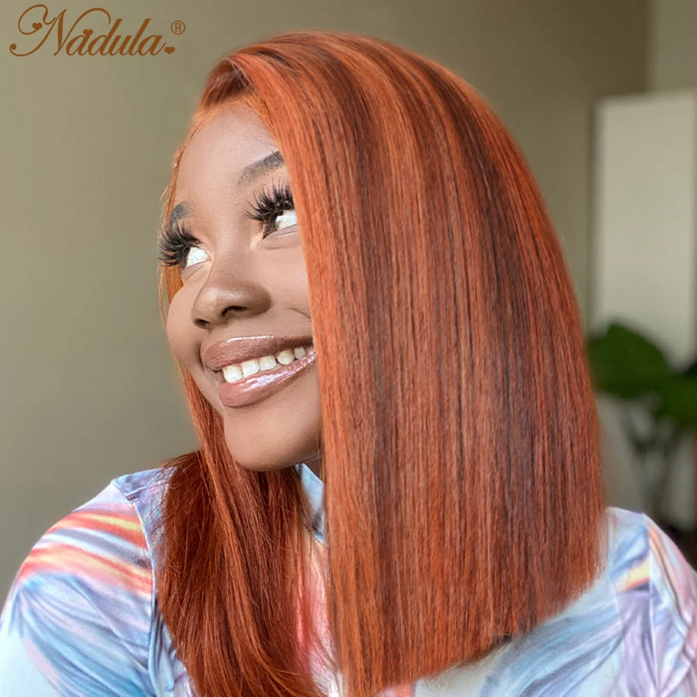 Nadula Hair Blunt Cut Bob Wig 13x4 Lace Front Highlight Human Hair Wigs Auburn Brown with Copper Straight Hair Lace Wig