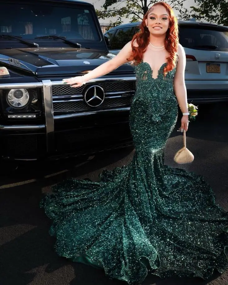 Emerald Green Sparkly Trumept Evening Pageant Dress for Women Crystal Velvet Prom Ceremony Birthday Gown robe de bal luxe