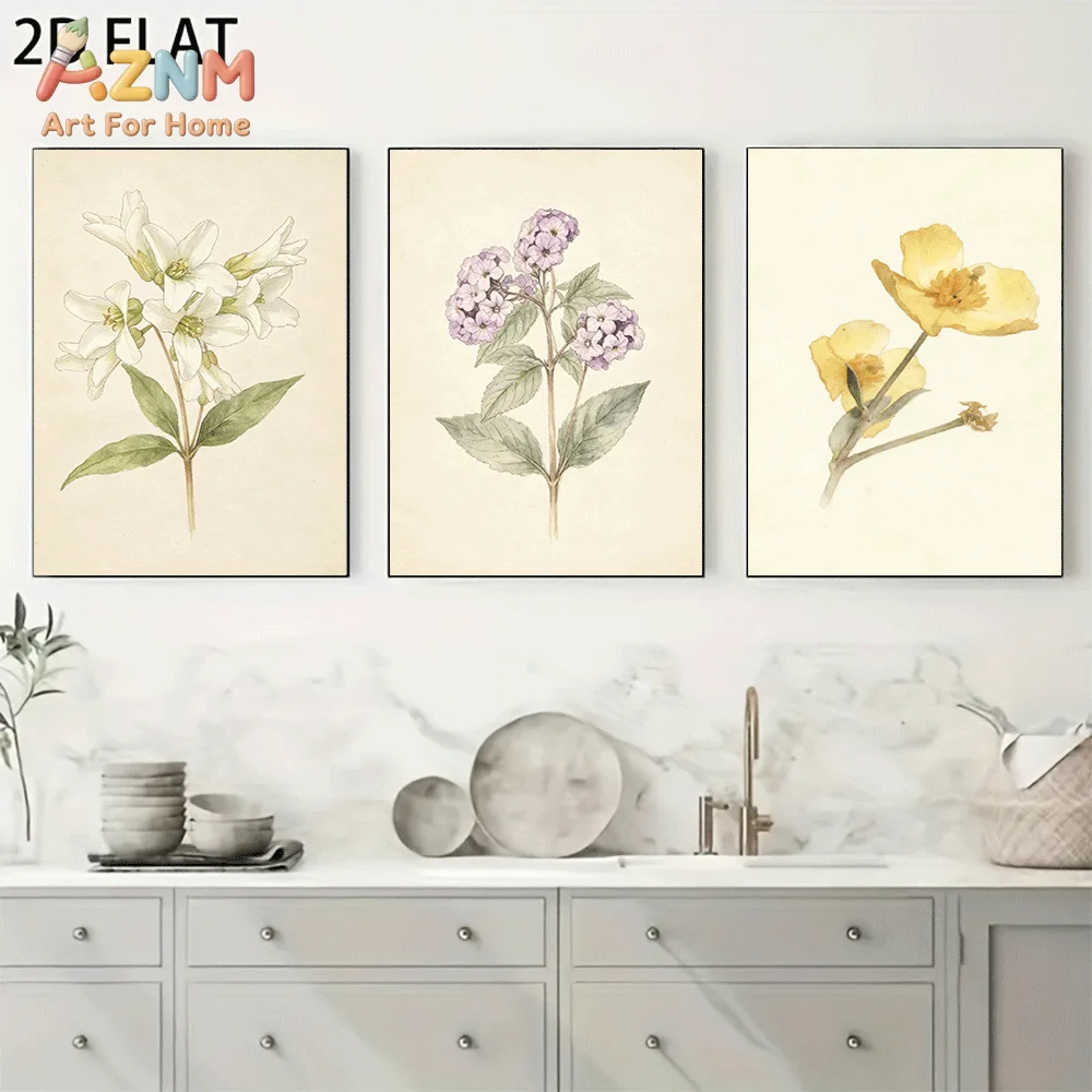 AZNM Frameless Canvas Wall Art, Vintage Botanical White Purple Yellow Wildflower Print, Antique Watercolor Floral Wall Decor for