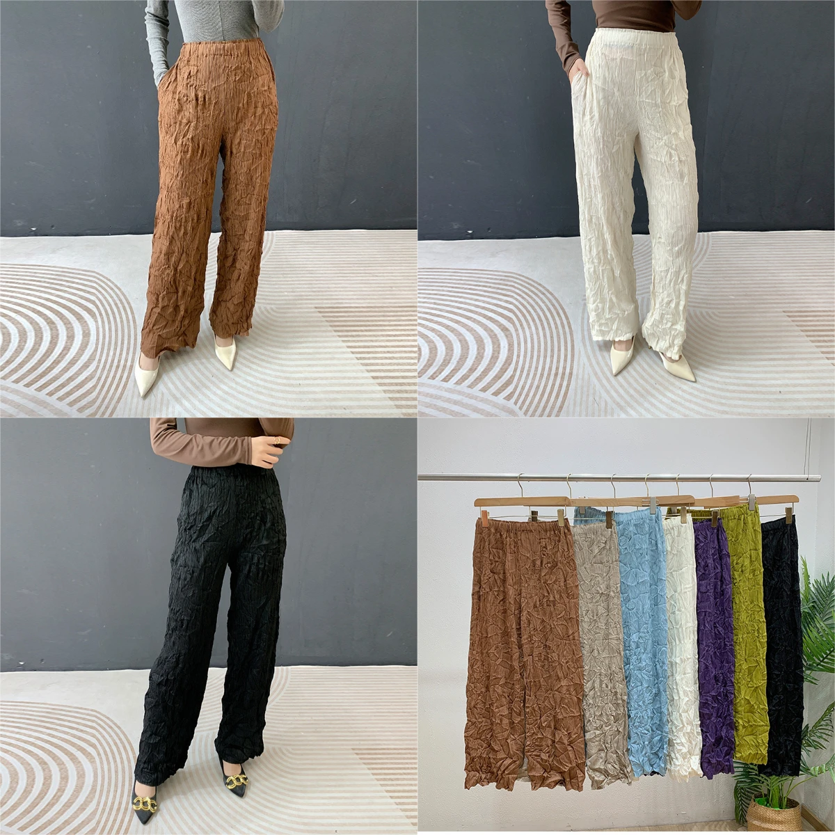 

Miyake Pleated 2025 Spring New Fashion Hand Pleated Straight Trousers Women High Waist Draping Slim Pleated Casual Trousers