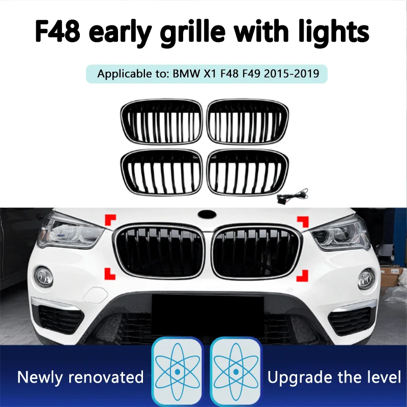 1Pcs Black ABS LED Single Double Line Front Grille For BMW X1 F48 F49 2015-2019 Car Decoration Automobile Accessories Mod Parts