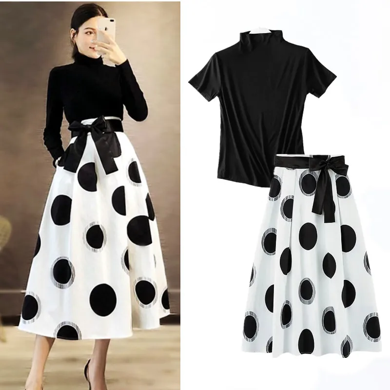 Runway Spring Summer Skirt Suit Women Black Tees Tops And Vintage Print Retro Polka Dots Print Bows Long Skirts Suits Set NZ261