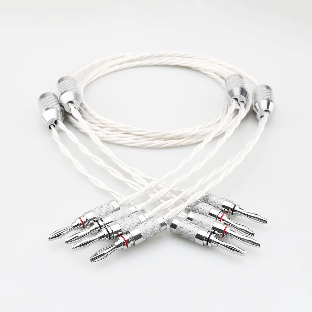 Bi-Wire Speaker Cable Pair OCC Silver Plated Twisted Carbon Fiber Rhodium Banana Plug PTFE HIFI Speaker Wire for Amplifier Home