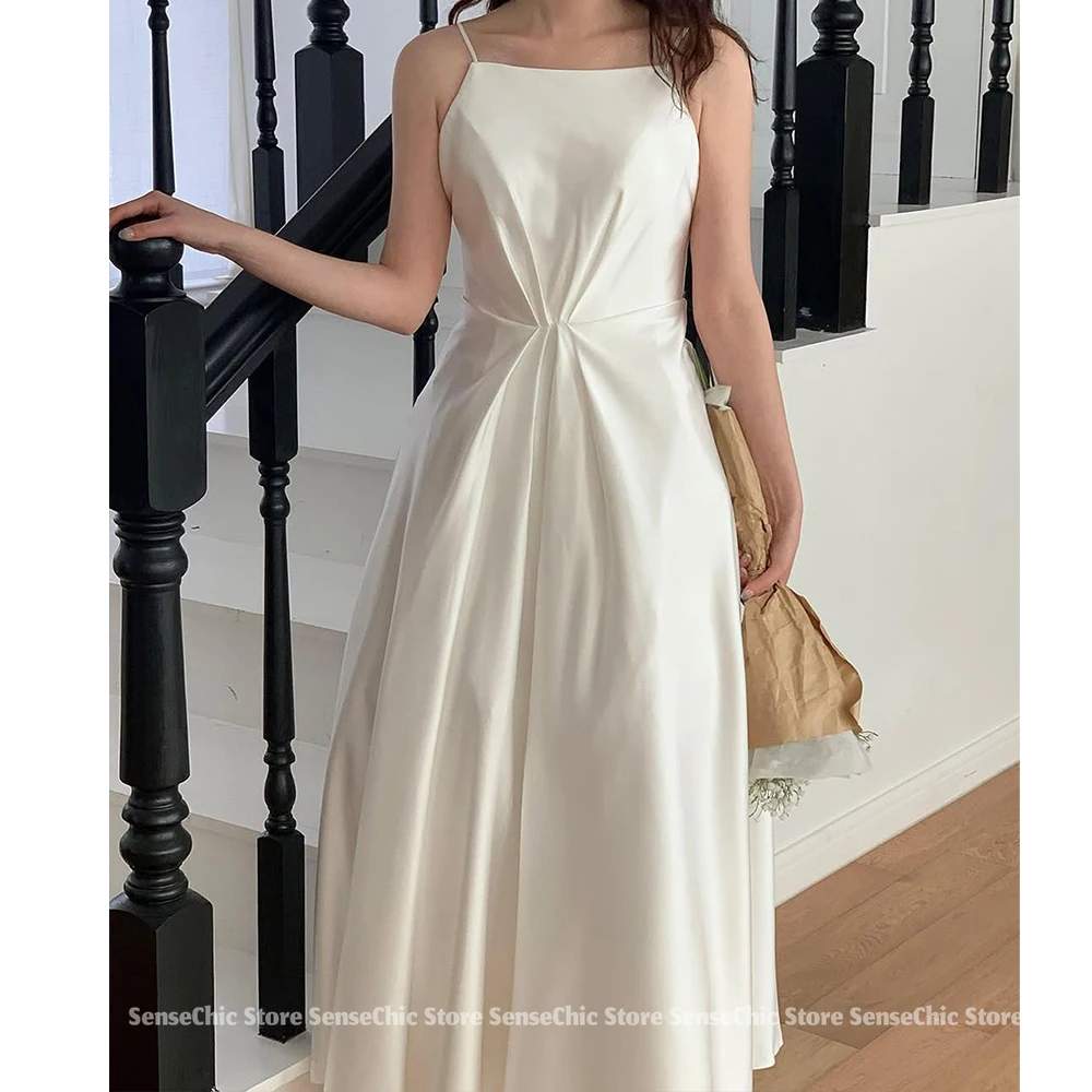 Robes de mariée simples à bretelles Spaghetti plissées, en Tulle, corée, élégantes, sans manches, ligne a, personnalisées, 2025