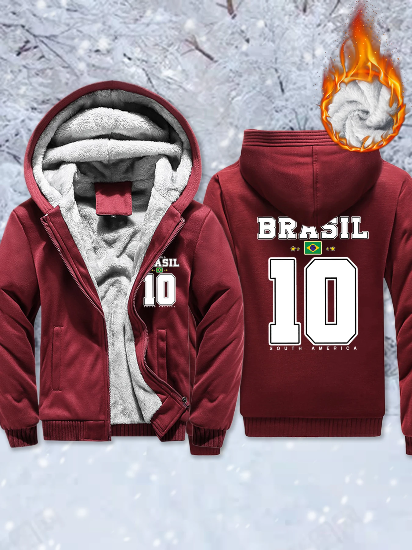 

World Brasil South America Printing Man'S Fleece Basics Jackets Pocket Zip-Up Coat Winter Thicken Sportswear Warm Comfy Outwear