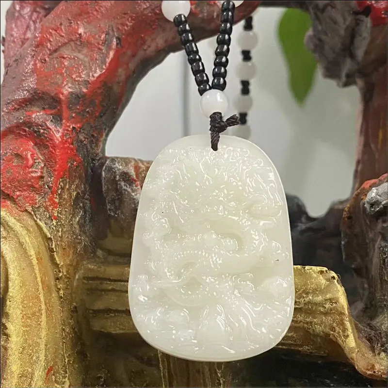 Natural Black Green Jade Dragon Pendant Bead Necklace Chinese Carved Charm Jewellery Fashion Amulet for Men Women Lucky Gifts