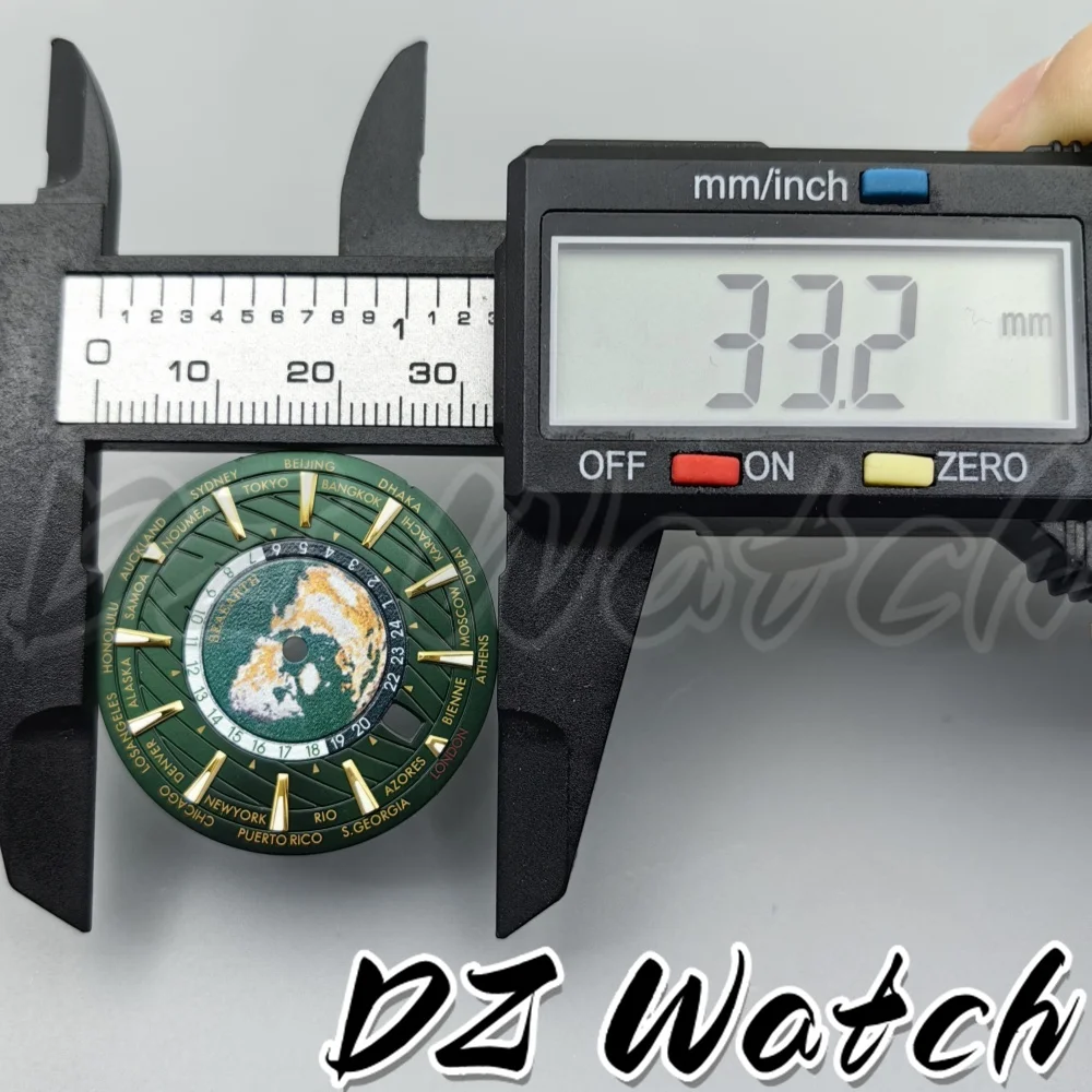 DZ 33.5mm NH35 Watch Dial Green Blue Earth Dial C3 Super Green Luminous 6 o\'clock Crown Date Window fit NH35 Movement