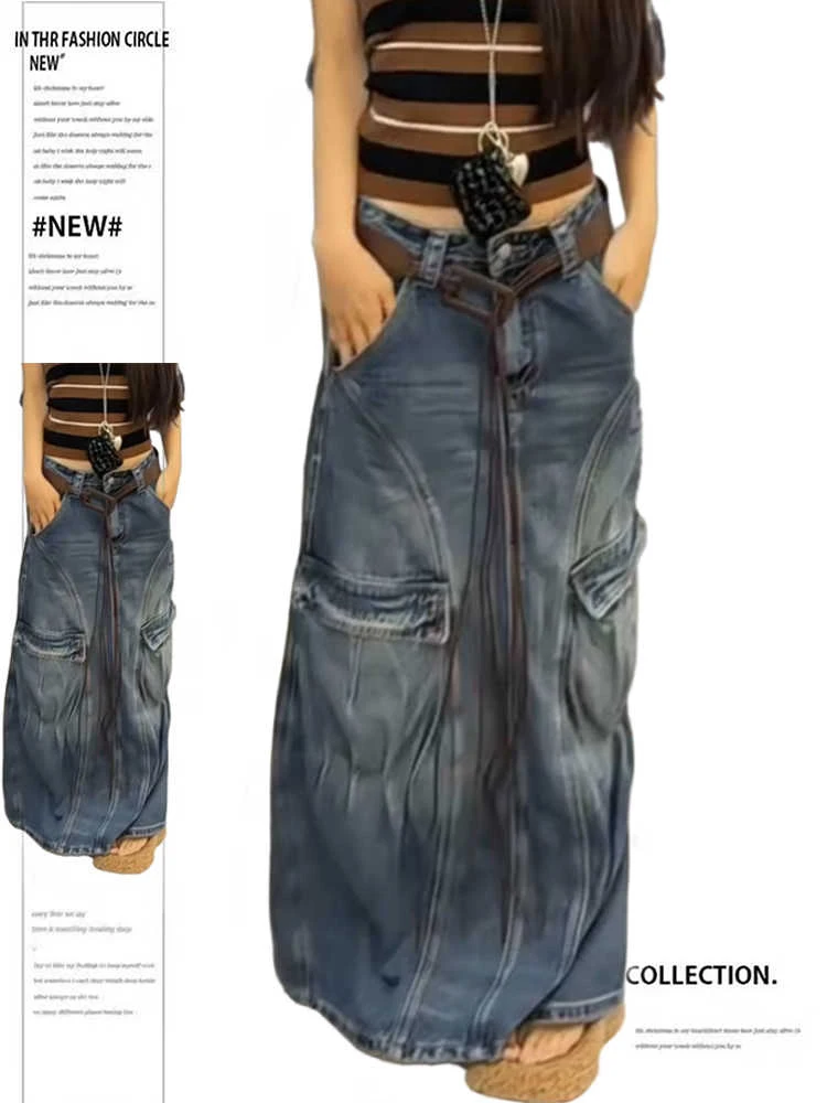 

Осень-зима 202, женская корейская модная джинсовая юбка-карго макси 2000-х годов, кибер-панк, винтажный студенческий стиль, японская уличная одежда Y2k