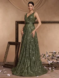 XUIBOL Luxury Sexy Deep V-Neck Flower Sequins Blue Evening Dress Women Elegant V-back Wedding Party Long Prom Cocktail Dresses