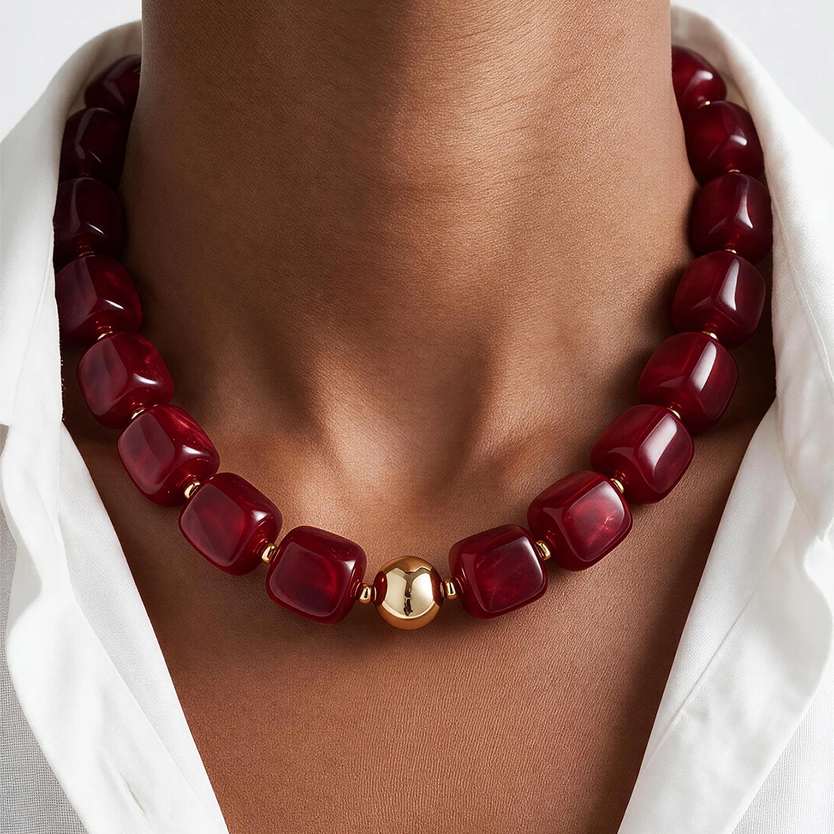 Fashion Red Acrylic Beaded Necklace for Women Boho Gold Color CCB Ball Chunky Choker Vintage Geometric Statement Jewelry Gifts