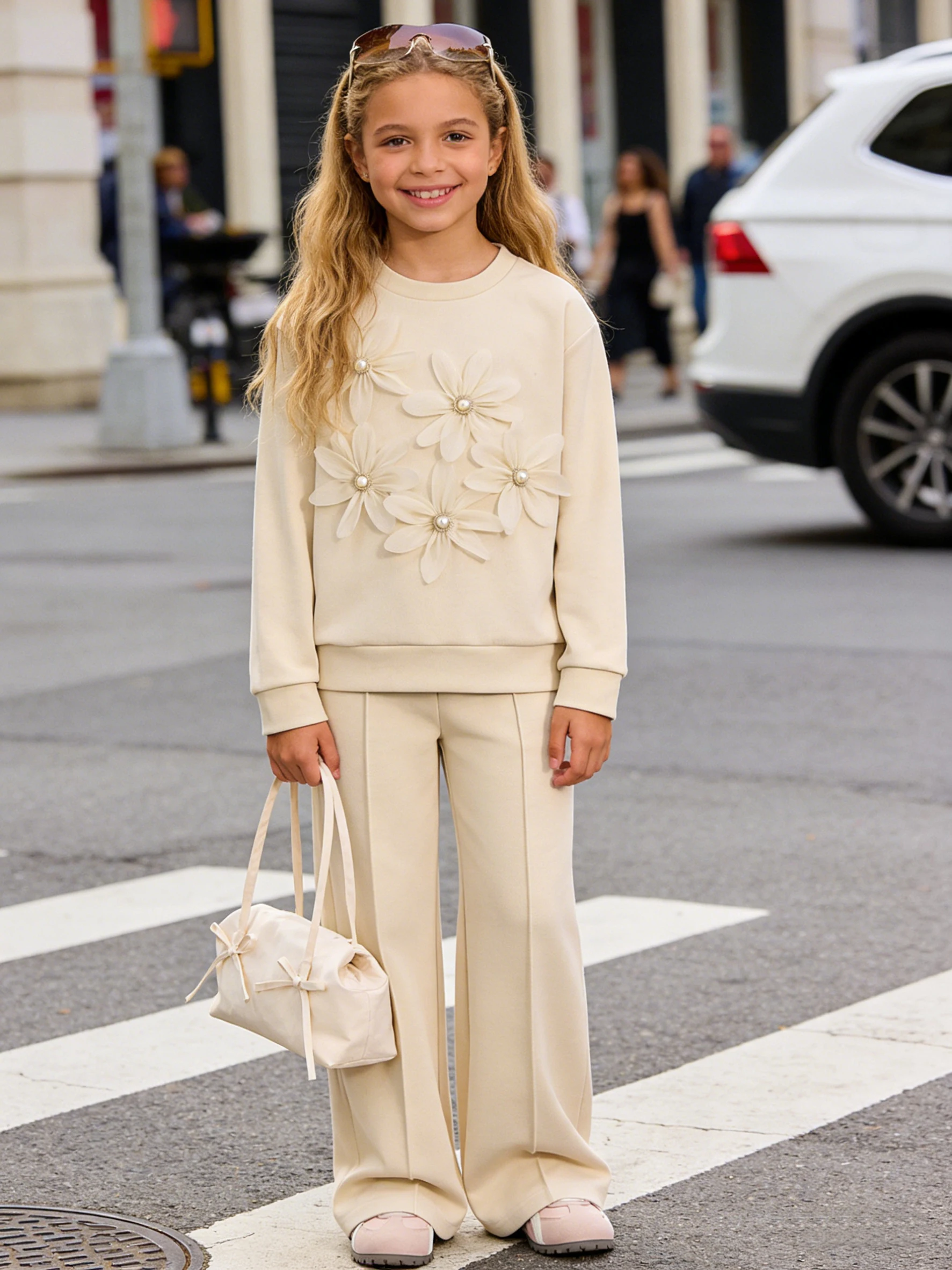 Girls' fashion hoodie and casual pants set; spring and autumn outdoor floral long-sleeve loose trousers two-piece suit