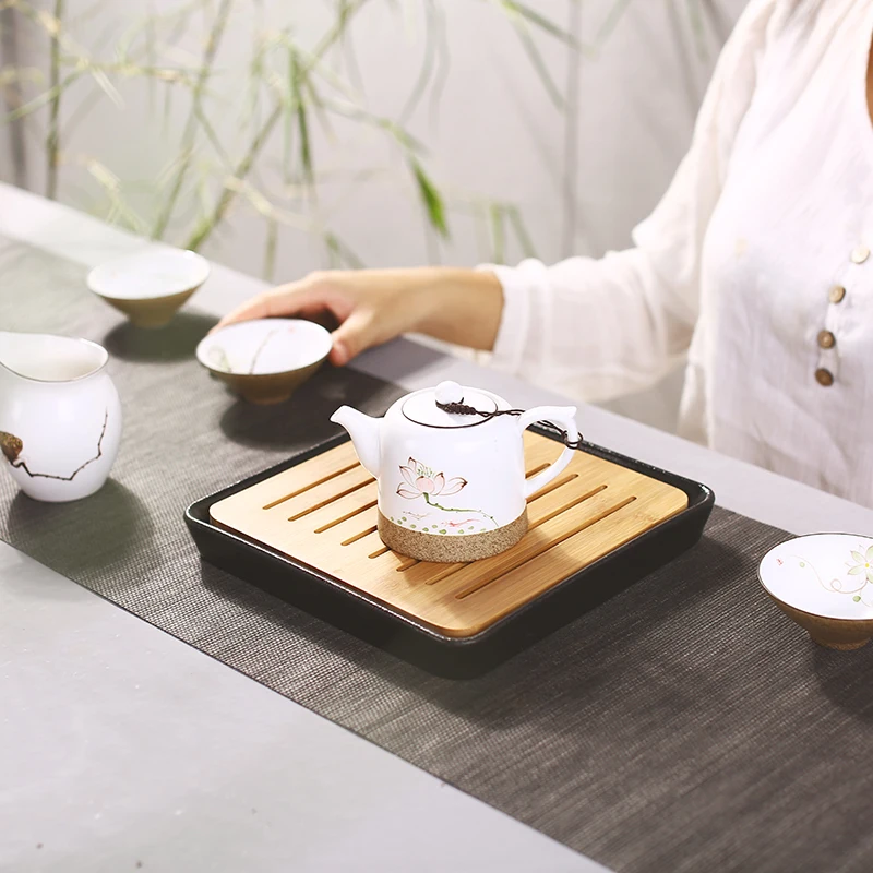 Bamboo Flat Square Ceramic Tea Table Serving Tray 21*21cm Ceramics Bamboo Tea Tray Drainage Water Storage Kung Fu Tea Set