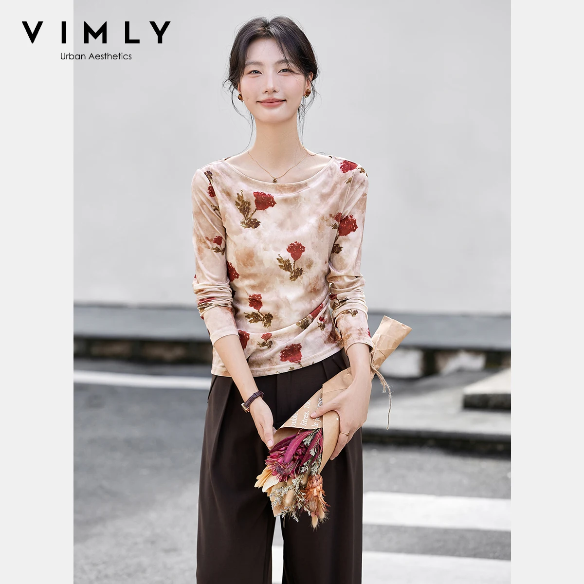 

VIMLY Velvet T-shirts Woman Casual Long Sleeve Rose Pattern Female Top Autumn 2025 Elegant Slash Neck Slim Fit Female Tees A2395