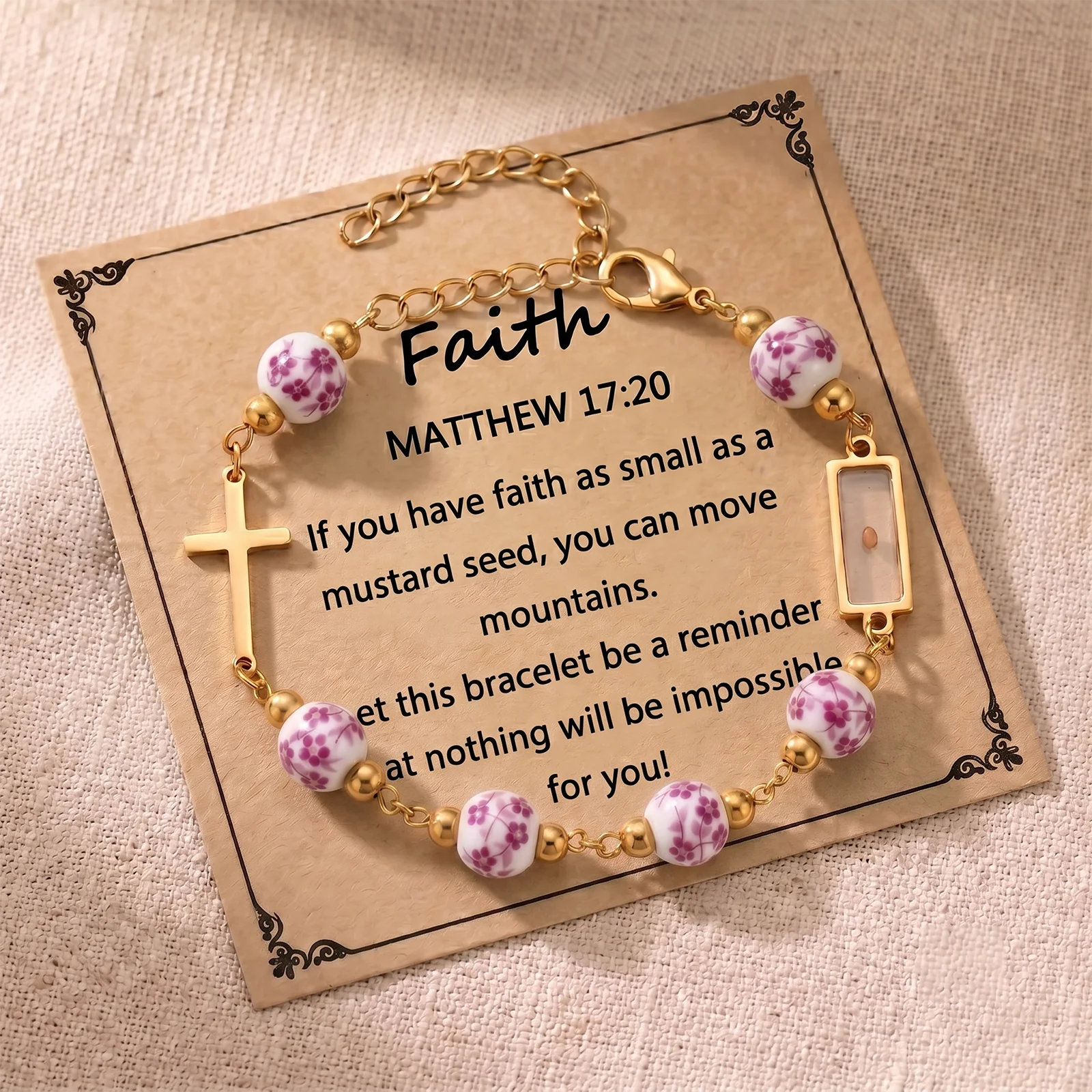 Faith Christian Bracelet with Mustard Seed Charm, Blue Floral Beads & Cross Pendant, Matthew 17:20 Quote Card Religious Jewelry