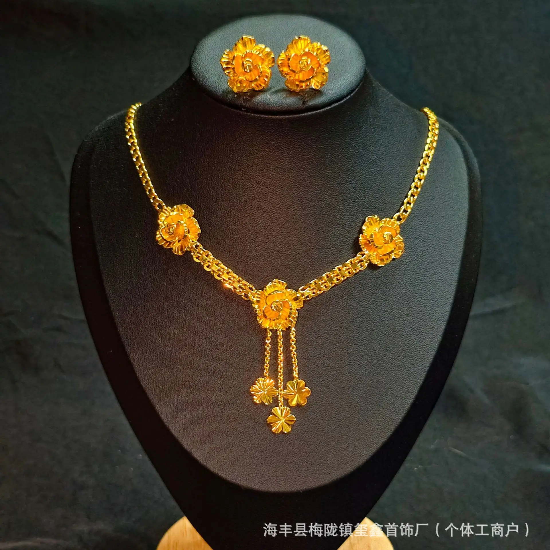 Luxury 24K 9999 Pure Gold real gold Rose Flower Tassel Necklace Women's Flower Earrings - view 2