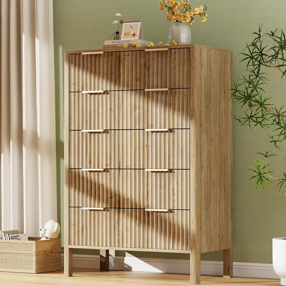

47 Tall Wood Dresser with 5 Drawers, Storage Chest, and Organizer for Bedroom, Living Room, or Entryway in Oak Finish