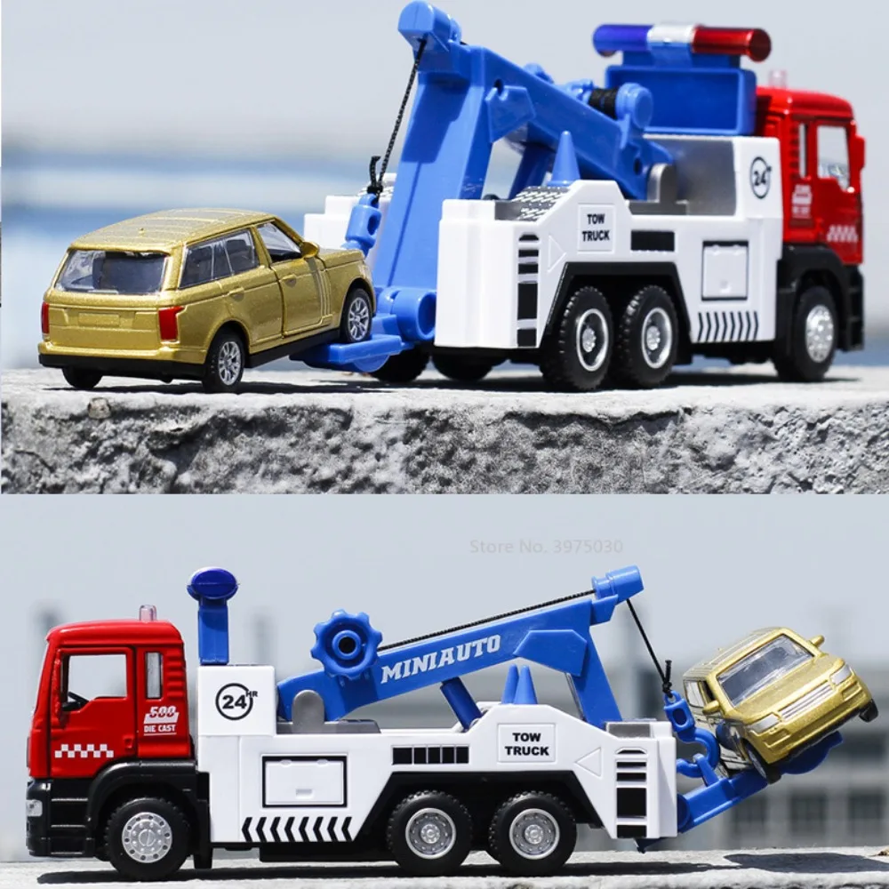 1/50 Scale Road Rescue Trailer Alloy Toy Model Trucks Metal Diecast Truck With Sound And Light Collection Toys For Children Gift