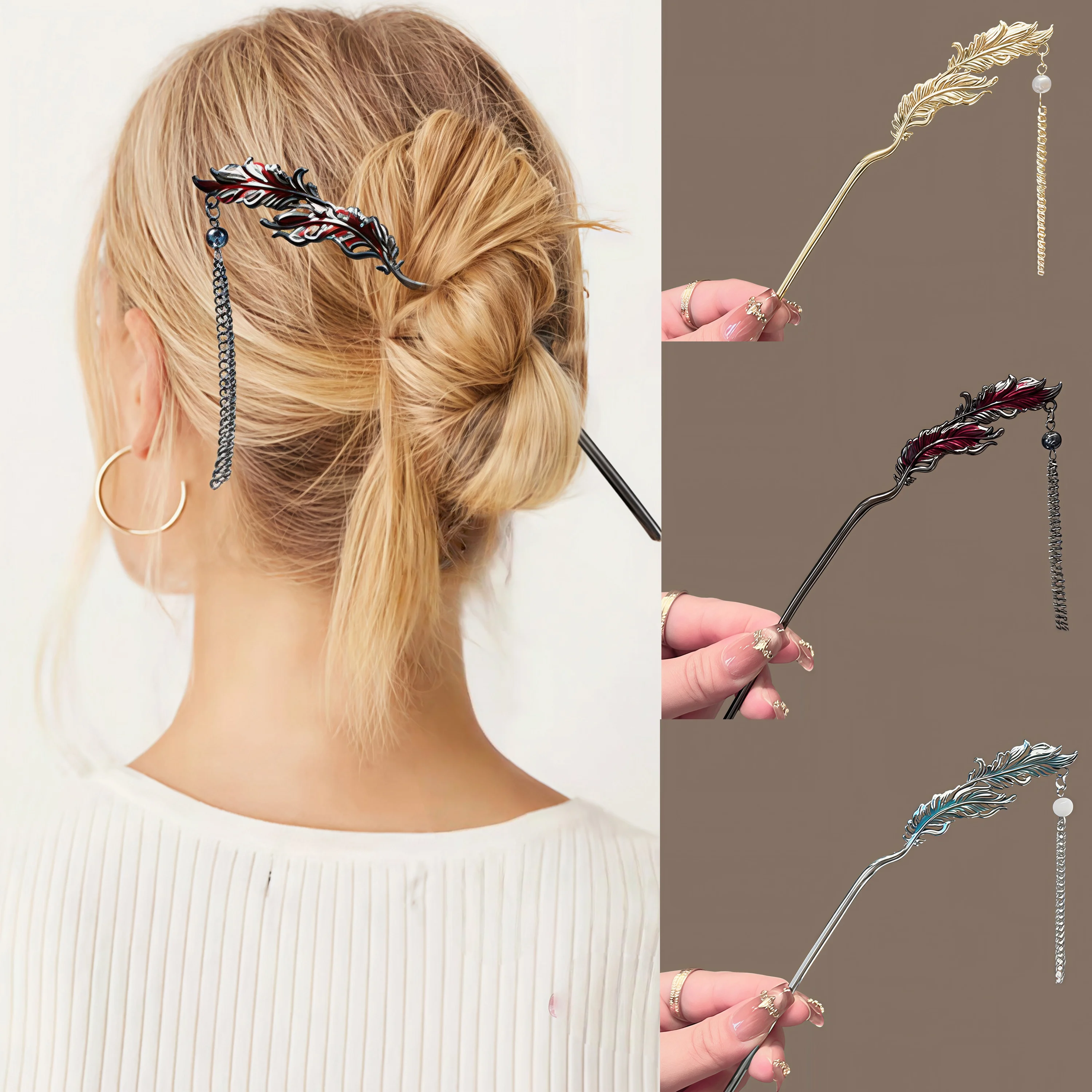 

Retro Metal Feather Tassel Hairpin Enamel Elegant Classical Pearl Hair Stick Modern Chinese Style Hair Styling Tools For Updo