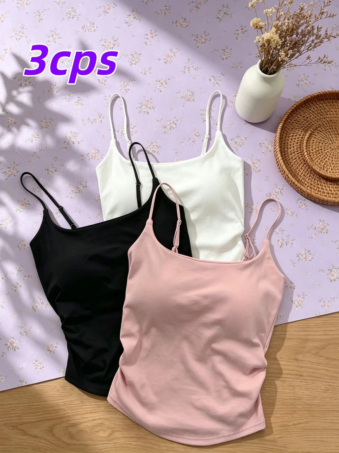 3 Pack French Style Side Ruched Stretch Camisole Tank Tops for Women, Adjustable Strap Intimates with Built-in Bra Pads, Soft Po