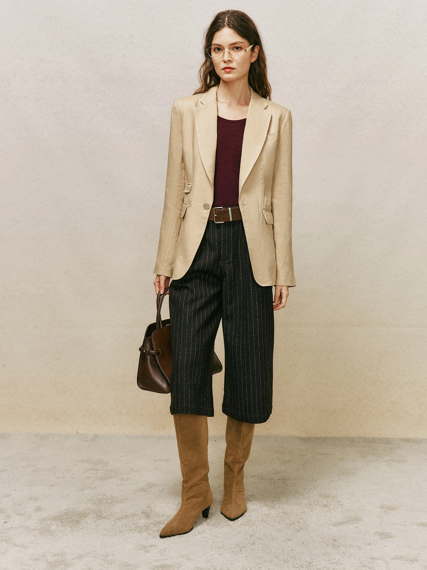 Ladies Casual Wool Blend Tweed Striped Shorts Half Elastic Waist Wide Leg Seven Inch Pants Comfortable Non Deformable