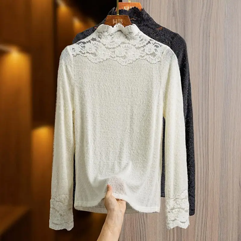 

New Chinese Style Lace Splicing Half High Collar Women's Long Sleeve Slim Fit Versatile Base Shirt T-Shirt Casual Daily Wear
