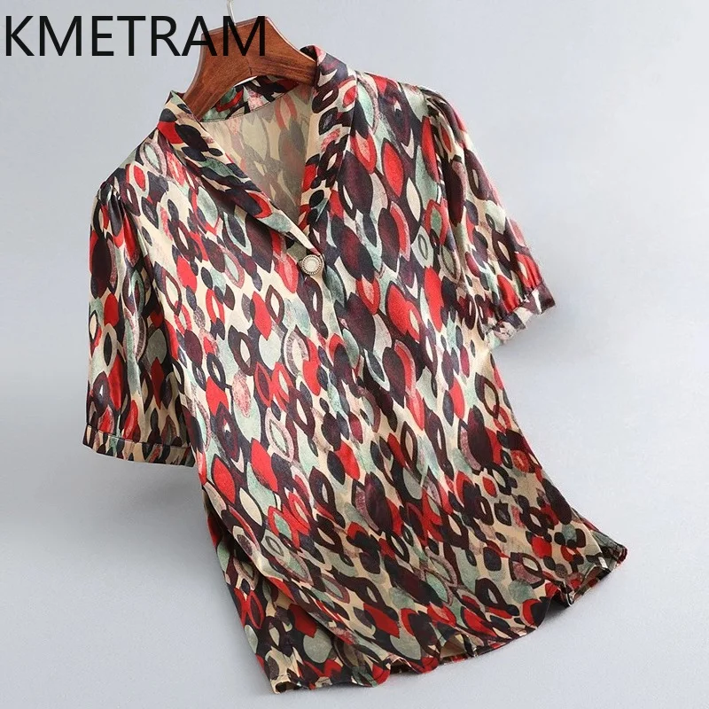 KMETRAM 91.8% Real Mulberry Silk Top Women 2026 Summer Stylish Printed V-neck Short-Sleeved Top Elderly Woman Clothes Ropa Mujer
