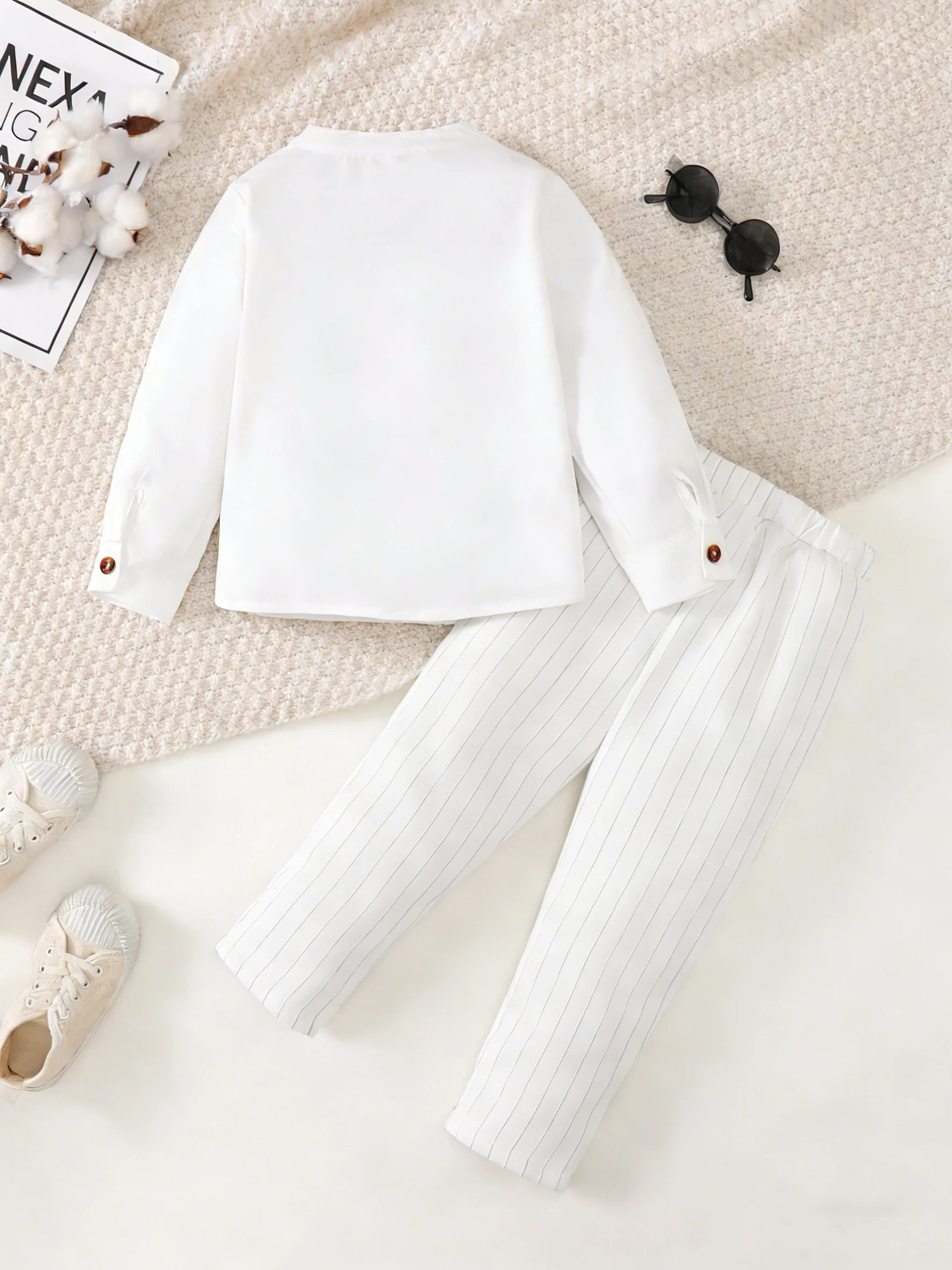 2-Piece Set for Young Boys: Spring and Autumn Trendy Casual Long-Sleeve Shirt with Small Stand Collar & Striped Long Pants. Children's Clothing Suitable for Daily Casual Wear, School, Outings, Parties, Weddings, Performances, Photoshoots, Back-To-School Season, and Middle Eastern Ramadan Children's Clothing
