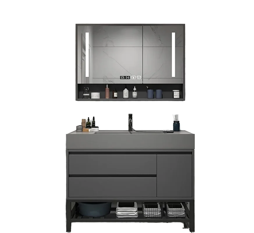 Modern style solid wood bathroom vanity log color high ceramic face wash cabinet smart mirror bathroom vanity