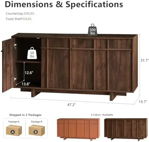 Sideboard Buffet Cabinet with Storage, Century ern Accent Cabinet with Skeleton Line & Wood Grain Texture,Minimalist