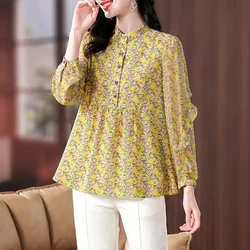 Autumn Elegant Fashion Round Collar Dignified Shirt New Women Natural Scenery Long Lantern Sleeve Loose Casual Button Floral Top