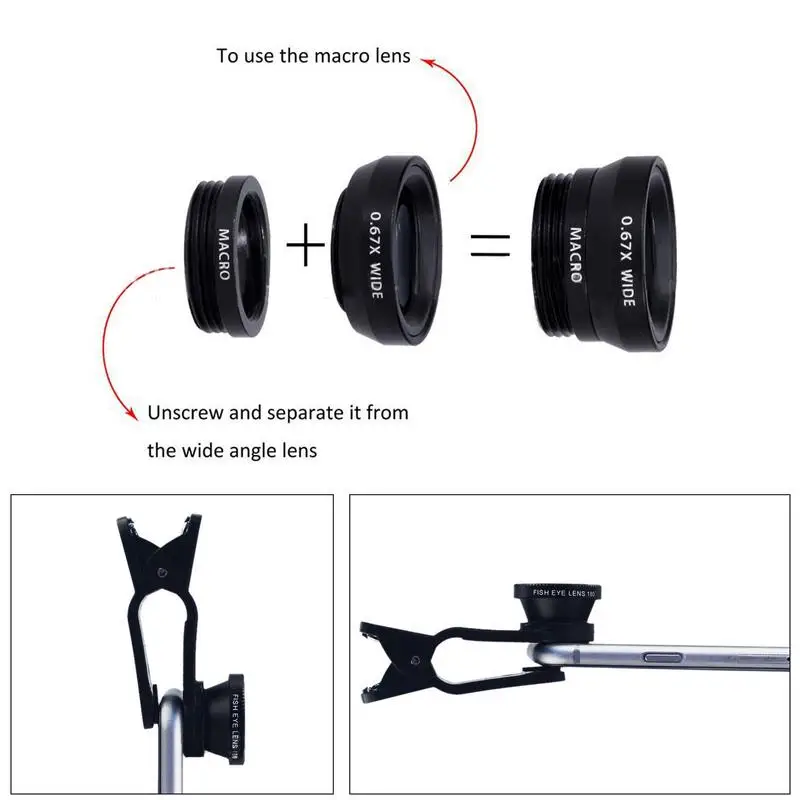 Phone Camera Lens 3in1 Fisheye Wide Angle MicroCamera Lens Universal Portable Camera Lens Cell Phone Lens Kit for Smartphone