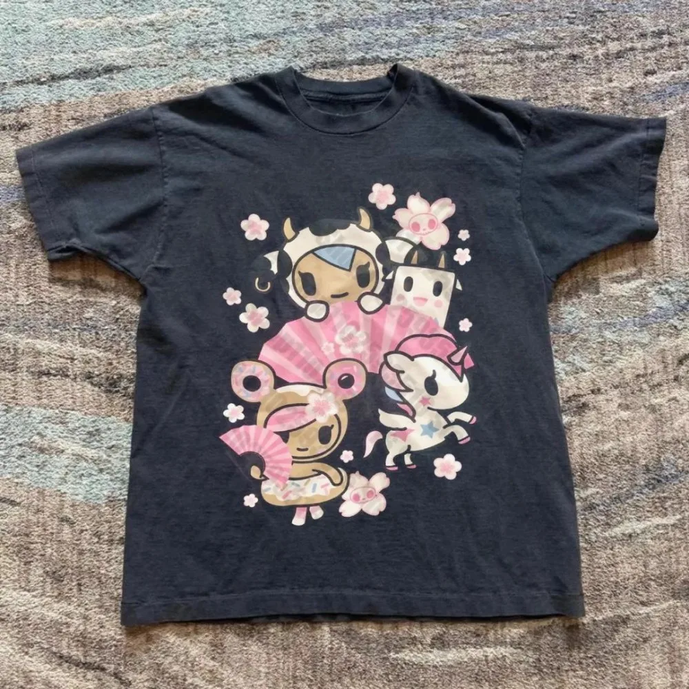 Tokidoki Cherry Blossom Graphic T‑Shirt Y2K Cute Cartoon Unicorn Printed Short Sleeve O‑Neck Men Cotton Harajuku Tee Top Unisex