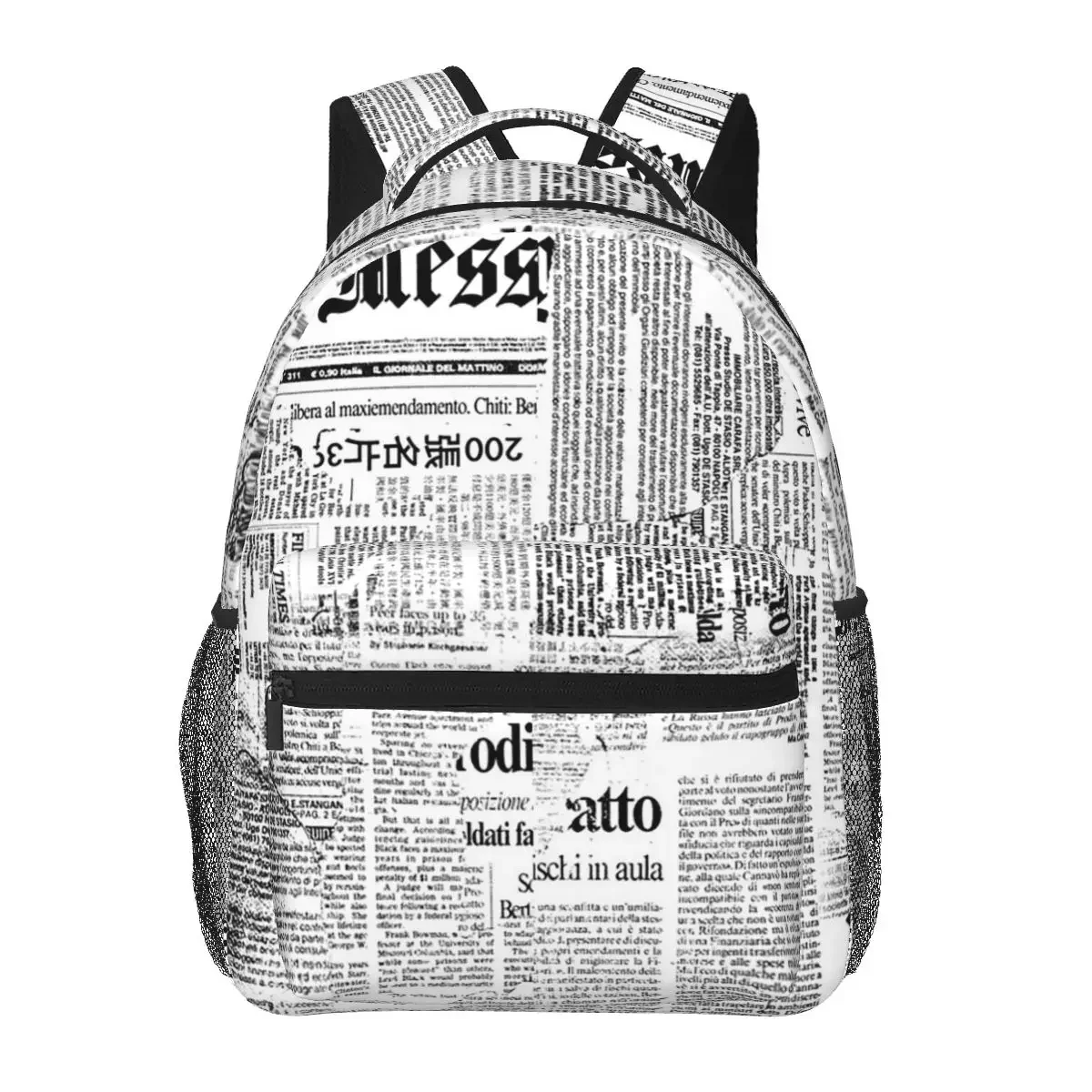 Black And White Collage Of Grunge Newspaper Fragments Backpacks Boys Girls Bookbag School Bags Travel Rucksack Shoulder Bag