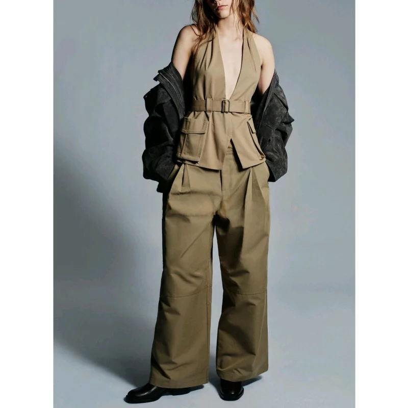 New Autumn Women's Metal Bule Waist Belt Flip Cover Chest ket Hanging Ne Collar Top Casual Sle Polyester Fiber