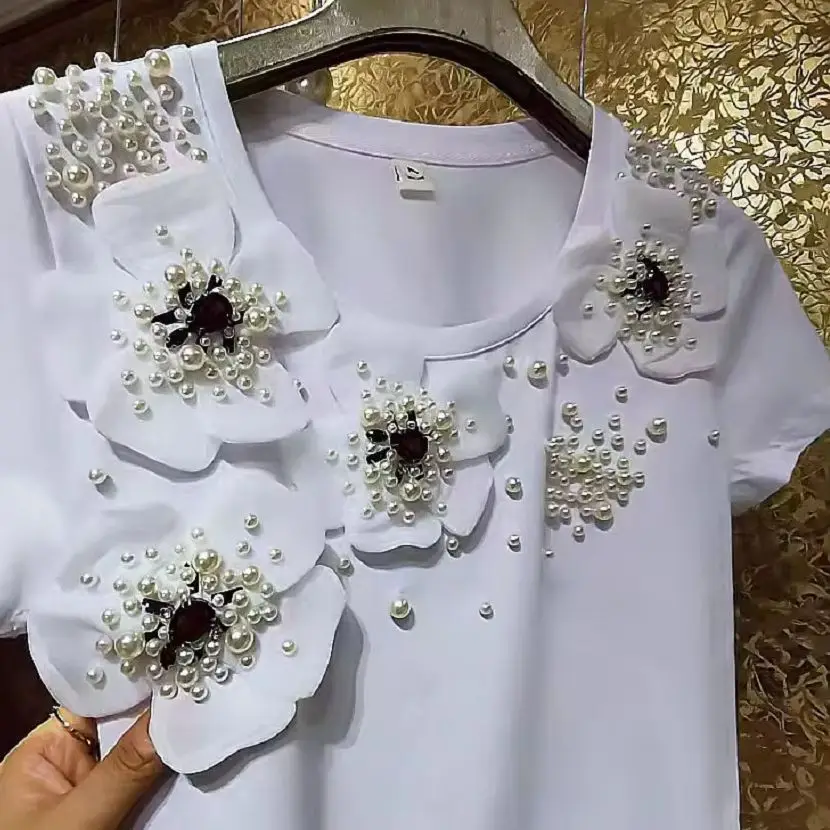 New In Y2K Clothes Luxury Embroidered Flares White Cotton T Shirts For Women Beading Flowers Stitch Tops Tees Camisetas Tshirt